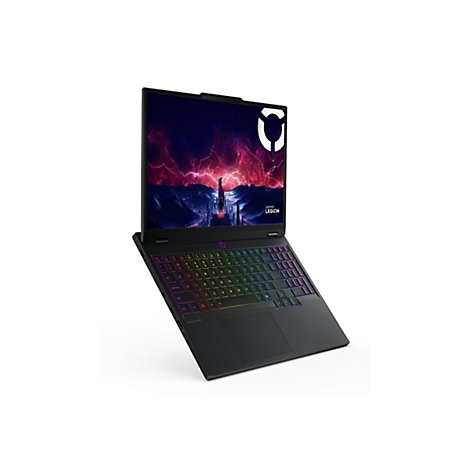 Schwarzer Laptop im geöffneten Zustand, Tastatur mit farbiger Hintergrundbeleuchtung. Auf dem Bildschirm ist ein Logo mit Schriftzug Lenovo Legion zu sehen.
