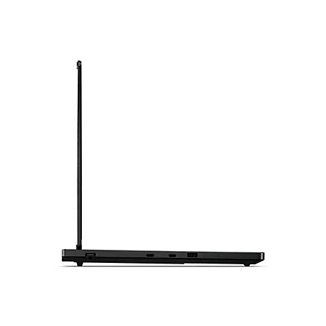 Schwarzes Laptop, Seitenansicht, hochgeklappt.