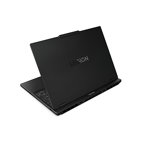 Ein schwarzer Lenovo Laptop Legion, leicht geöffnet, mit dem Legion-Logo und Lenovo-Schriftzug.