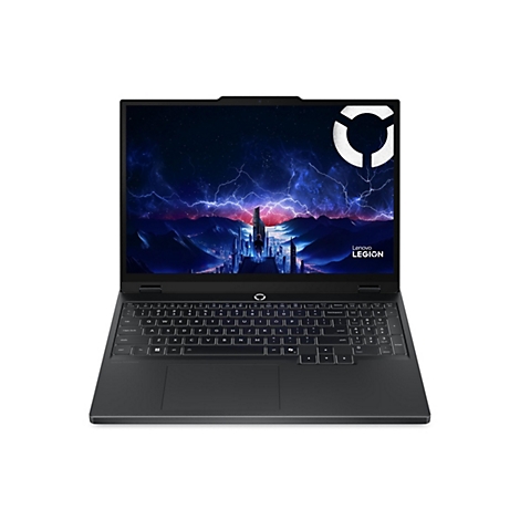 Ein schwarzes Lenovo Legion-Laptop, das auf einer weißen Oberfläche steht. Das Display zeigt ein blaues Fantasy-Motiv mit dem Legion-Logo. Die Tastatur ist beleuchtet.