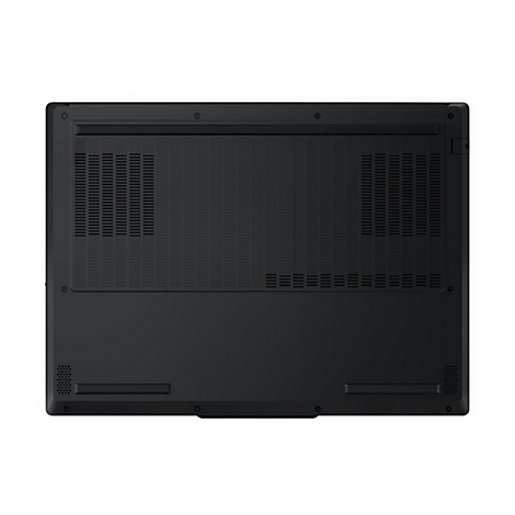 Schwarzer Laptop von unten, mit Lüftungsschlitzen, Schrauben und Lautsprecheröffnungen.