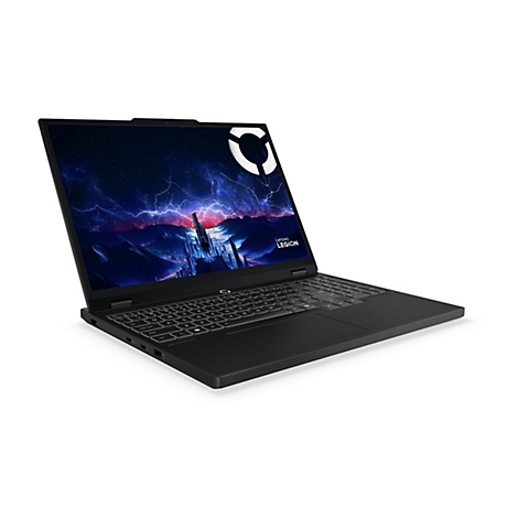 Schwarzer Laptop mit Lenovo Legion-Logo und Hintergrundbild einer Stadt. Auf weissem Hintergrund.