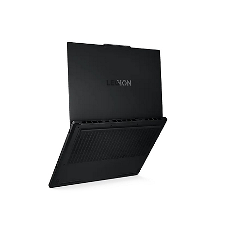 Schwarzes Laptop von Legion, leicht geöffnet, auf weißem Hintergrund. Auf dem Deckel steht 'LEGION'.