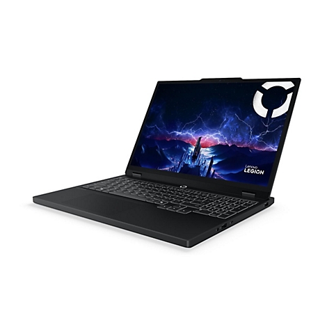 Schwarzer Laptop im geöffneten Zustand, Display mit Logo und Landschaft, Tastatur, auf weißem Hintergrund.