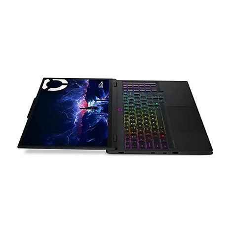 Schwarzes Laptop mit farbiger Tastatur, geöffnet. Auf dem Bildschirm ein blaues Gewitter-Design mit dem Schriftzug LEGION. Auf weißem Hintergrund.