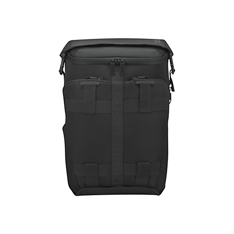 Schwarzer, eckiger Rucksack mit mehreren Taschen, ReiÃŸverschlÃ¼ssen und Gurten.
