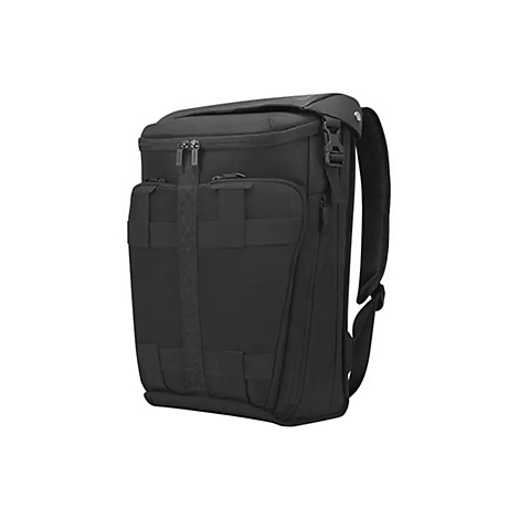 Schwarzer, rechteckiger Rucksack mit zahlreichen FÃ¤chern und Gurten vor weiÃŸem Hintergrund.