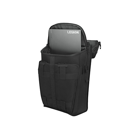 Schwarze Laptop-Tasche mit einem Laptop, auf dem das Wort LEGION steht.