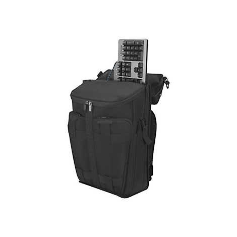 Schwarzer Rucksack mit einer Tastatur im oberen Fach, vor weiÃŸem Hintergrund.
