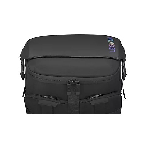 Schwarzer Laptop-Rucksack mit ReiÃŸverschluss und Legion-Logo.