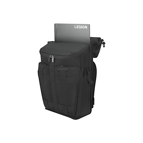 Schwarzer Rucksack mit einem Laptop mit der Aufschrift 'LEGION' im oberen Fach.