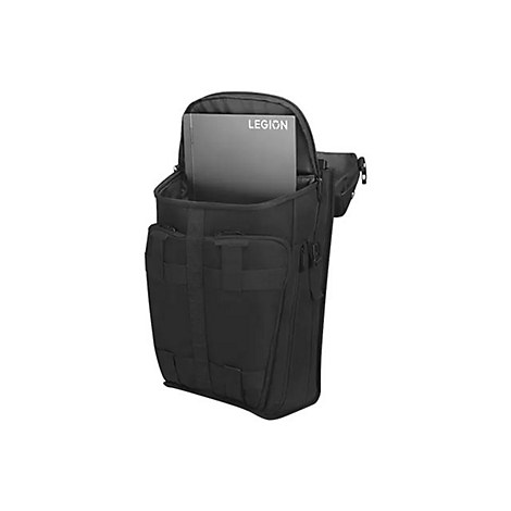 Schwarzer Rucksack, Laptop mit LEGION-Schriftzug steckt in offener Tasche.