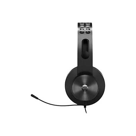 Schwarzes Gaming-Headset in Seitenansicht vor weißem Hintergrund mit Mikrofonarm.