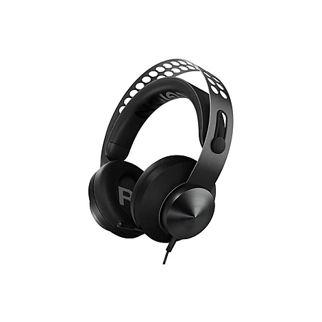 Schwarzes Gaming-Headset mit gelochtem Kopfbügel vor weißem Hintergrund.