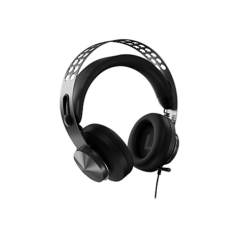 Schwarzes Gaming-Headset mit perforiertem Kopfbügel vor weißem Hintergrund.