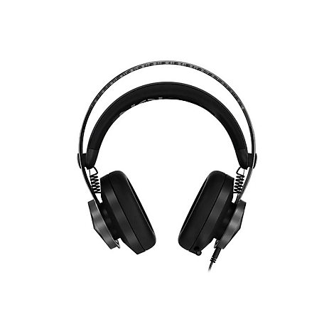 Schwarzes Gaming-Headset mit Kopfbügel vor weißem Hintergrund.