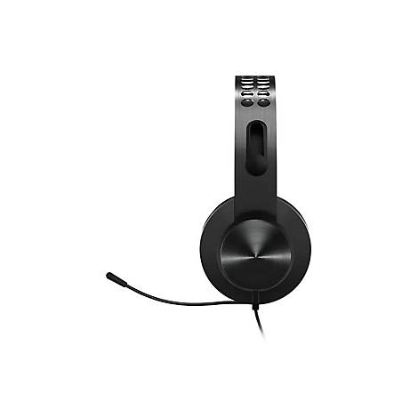 Schwarzes Headset mit metallischem Bügel und integriertem Mikrofonarm vor weißem Hintergrund.