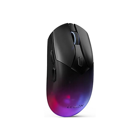 Schwarze, kabellose Gaming-Maus von Lenovo Legion mit RGB-Beleuchtung am unteren Ende vor weißem Hintergrund.