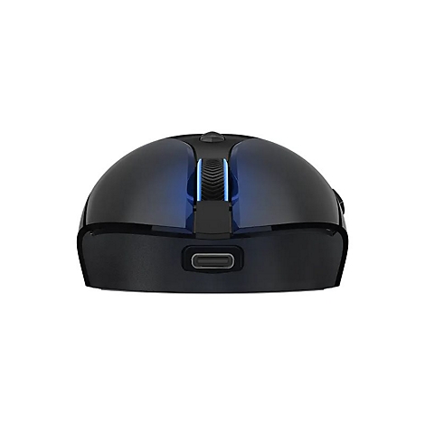 Schwarze kabellose Computermaus von vorne mit beleuchtetem Mausrad und USB-C-Anschluss.