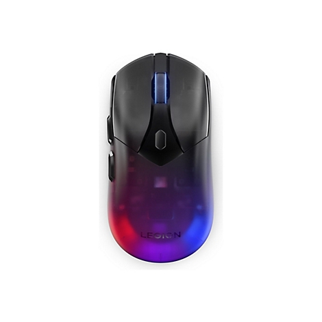 Schwarze, halbtransparente Gaming-Maus mit RGB-Beleuchtung und Legion-Schriftzug auf weißem Hintergrund.