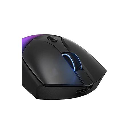 Nahaufnahme einer schwarzen Gaming-Maus mit blau beleuchtetem Scrollrad vor weißem Hintergrund.