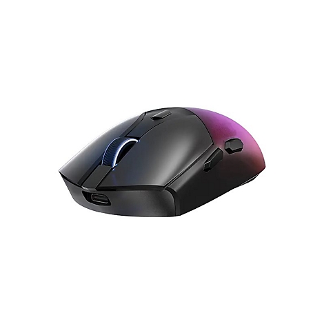 Schwarze kabellose Gaming-Maus mit RGB-Beleuchtung am Mausrad und geschwungenem Gehäuse.