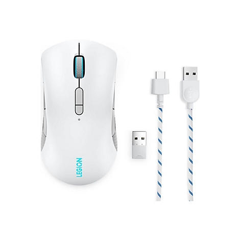 Weiße Gaming-Maus Lenovo Legion mit blauem Logo, USB-Empfänger und weiß-blauem geflochtenem Kabel.