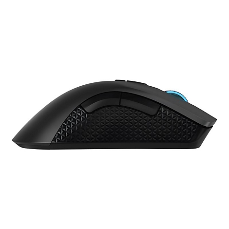 Seitenansicht einer schwarzen Gaming-Maus mit texturierter Grifffläche und blauem Mausrad auf weißem Grund.
