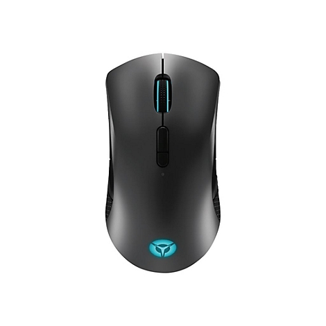 Schwarze kabellose Gaming-Maus in der Draufsicht mit blau beleuchtetem Logo und Mausrad.
