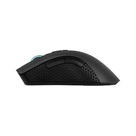 Seitenansicht einer ergonomischen, schwarzen kabellosen Gaming-Maus mit strukturierten Seitengriffen.