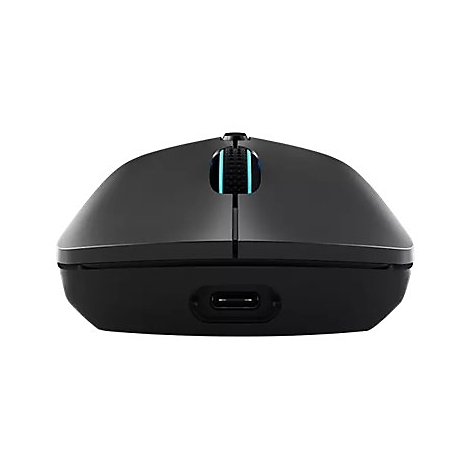 Schwarze kabellose Gaming-Maus in der Vorderansicht mit sichtbarem USB-C-Ladeanschluss und beleuchtetem Scrollrad.