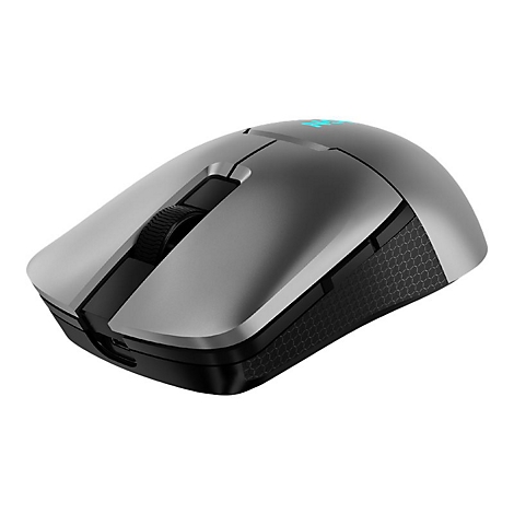 Graue, ergonomische Gaming-Maus auf weißem Hintergrund mit leuchtendem blauem Logo.
