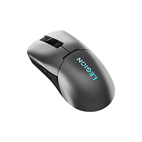 Dunkelgraue Gaming-Maus mit hellblau leuchtendem Legion-Schriftzug auf weißem Hintergrund.