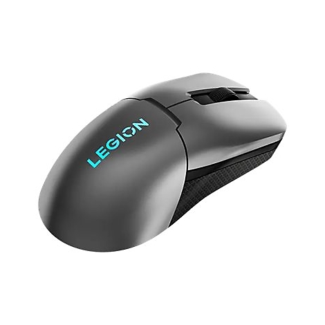 Graue Lenovo Legion Gaming-Maus mit leuchtendem blauem Logo auf weißem Hintergrund.