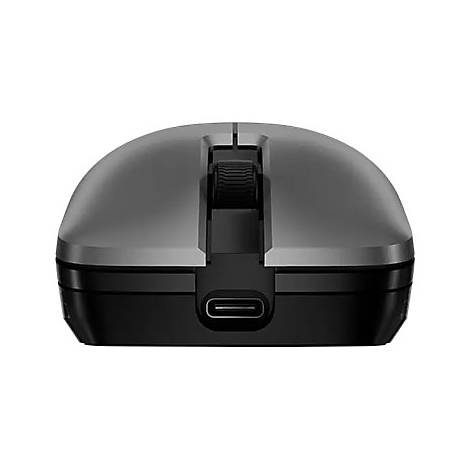Graue Funkmaus von vorne mit sichtbarem USB-C-Anschluss unter dem Mausrad.
