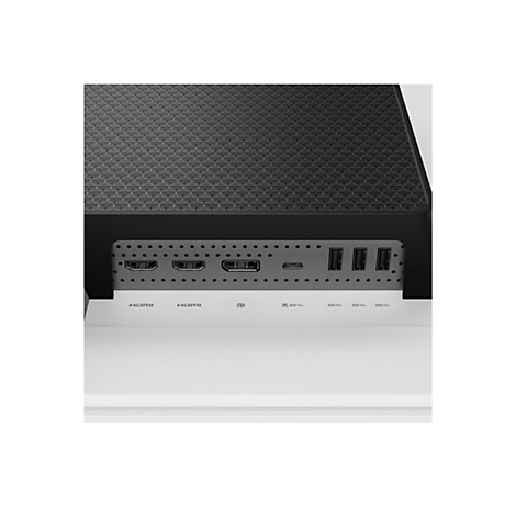 Nahaufnahme der Rückseite eines schwarzen Geräts mit Anschlüssen für HDMI, DisplayPort und USB-Ports.