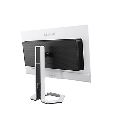 Rückansicht eines weißen Lenovo Legion Monitors mit schwarzem Gehäuseteil auf einem Standfuß vor weißem Hintergrund.