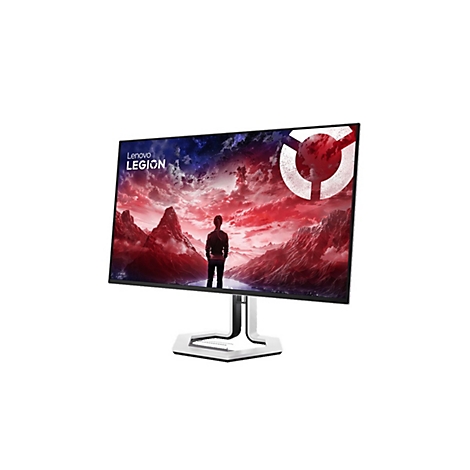 Lenovo Legion Gaming-Monitor vor weißem Hintergrund mit rotem Landschaftsbild auf dem Display.