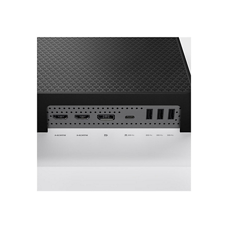 Rückseite eines schwarzen Tech-Geräts mit HDMI, DisplayPort, USB-C und USB-A Anschlüssen vor weißem Hintergrund.
