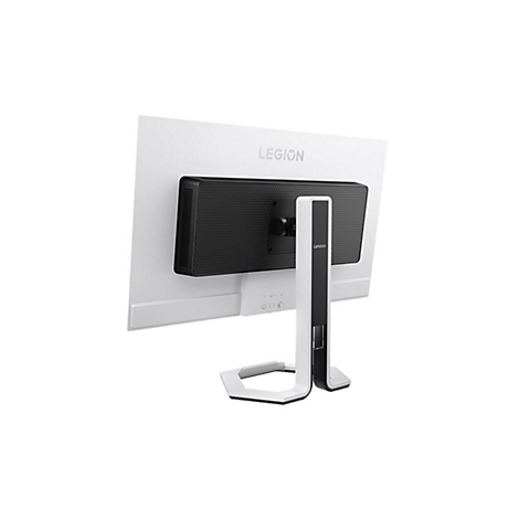 Rückansicht eines weißen Lenovo Legion Monitors mit schwarzem Gehäuseteil und Standfuß vor weißem Hintergrund.