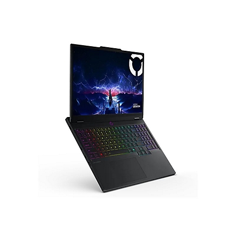 Schwarzes Gaming-Laptop, halb geöffnet, mit farbiger Tastatur und Bildschirm, auf dem ein Gewitter-Motiv zu sehen ist.