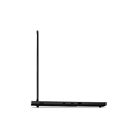 Schwarzes Notebook, von der Seite gesehen, Bildschirm geöffnet.