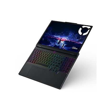 Schwarzer Laptop, leicht angewinkelt, mit beleuchteter Tastatur und einem Bildschirm, der ein abstraktes Bild von einem Sturm zeigt.