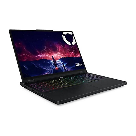 Schwarzer Laptop, Display zeigt Landschaft, farbige Tastaturbeleuchtung, Lenovo Legion.