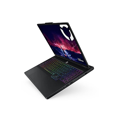 Schwarzer Laptop, Tastatur mit Regenbogenbeleuchtung. Auf dem Bildschirm ist ein Logo und der Schriftzug "Legion" zu sehen.