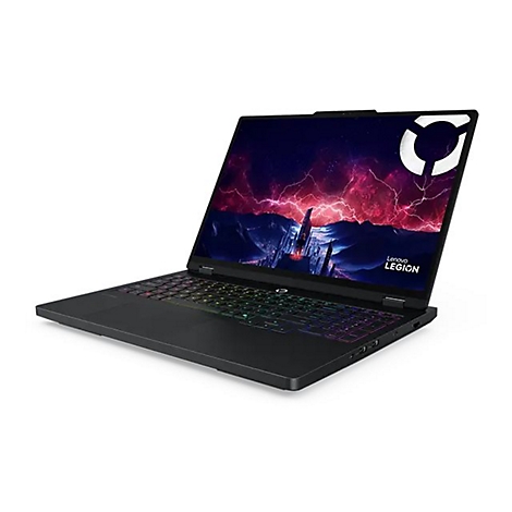 Schwarzes Lenovo Legion-Laptop, Bildschirm mit farbiger Grafik. Leuchtende Tastatur, weißer Hintergrund.