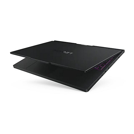 Schwarzer Laptop, der leicht geöffnet ist. Das Legion-Logo ist auf der Oberseite sichtbar.