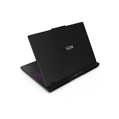 Schwarzer Laptop, leicht geöffnet, Ansicht von hinten, Logo "LEGION" auf dem Deckel, Tastatur mit lilafarbenen Tasten, weißer Hintergrund.