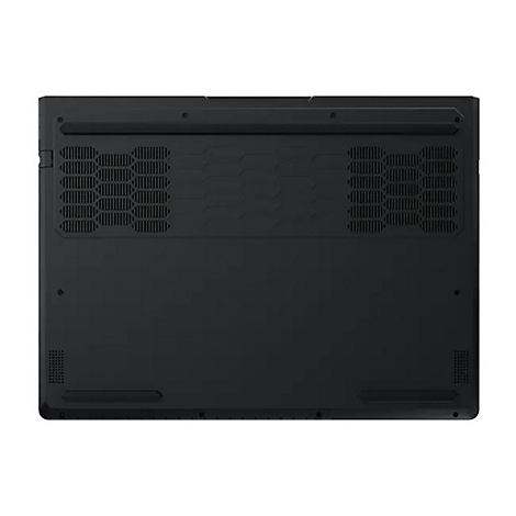 Schwarzer Laptop von unten gesehen. Man sieht Lüftungsschlitze, Schrauben und Gummifüße.