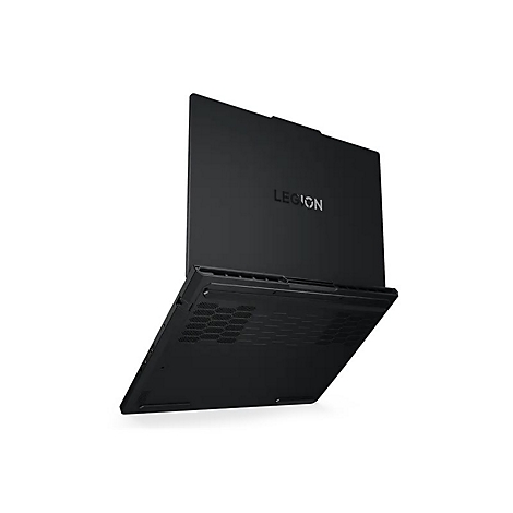 Schwarzes Laptop mit offener Bildschirm, „Legion“ Schriftzug. Auf hellem Hintergrund, leicht von oben fotografiert.